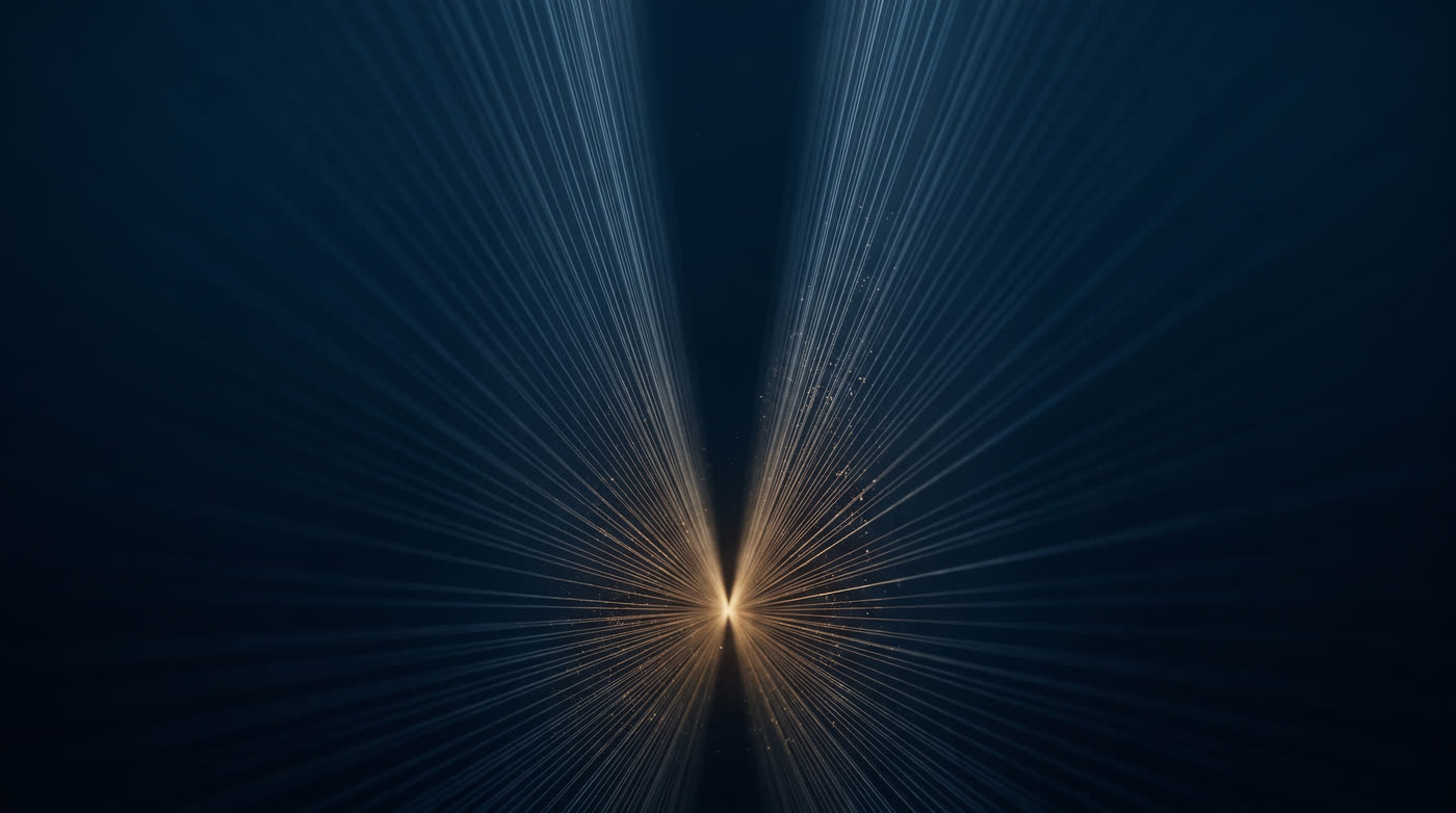 Many fine cold blue threads of light travelling inward from the edges of frame and converging into a single concentrated brass point.